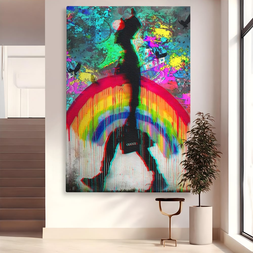 Tablou canvas cu tablou canvas cu silueta si curcubeu graffiti, fara rama, pe sasiu de lemn